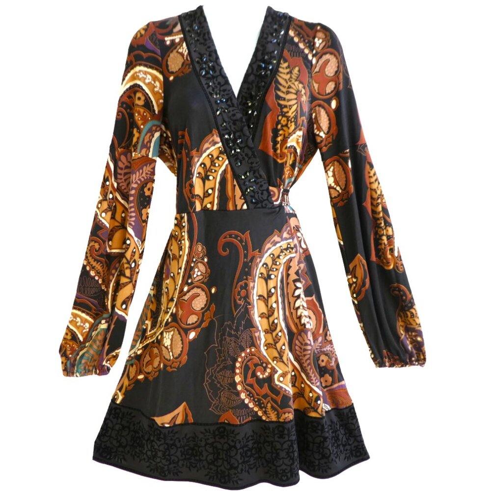 SiLK Hale Bob Faux Wrap Dress Paisley Long Balloon Sleeve Burnout Velvet Trim L